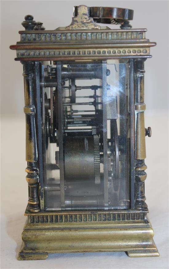 A late 19th century French brass hour repeating carriage clock, 6in.